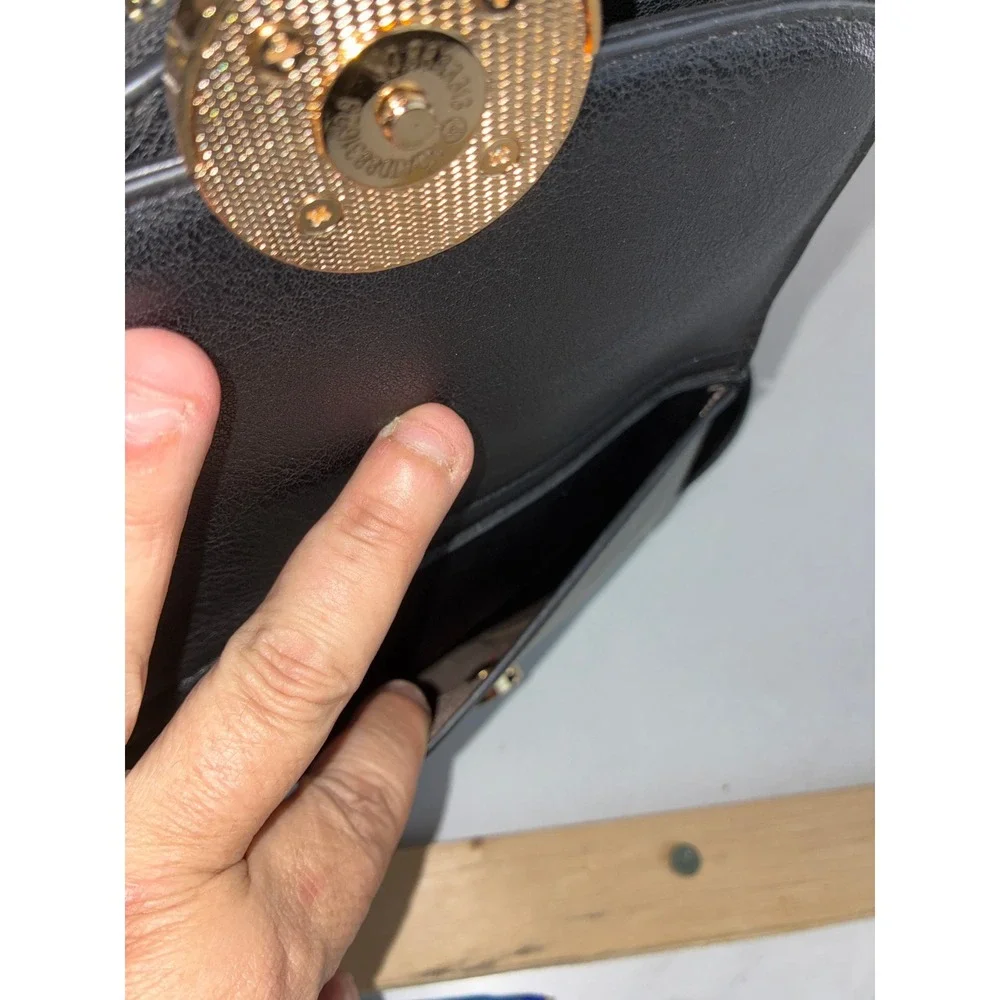 Black Faux Leather Mini Backpack - Small - Gold Hardware Chain Lining Chic Dark